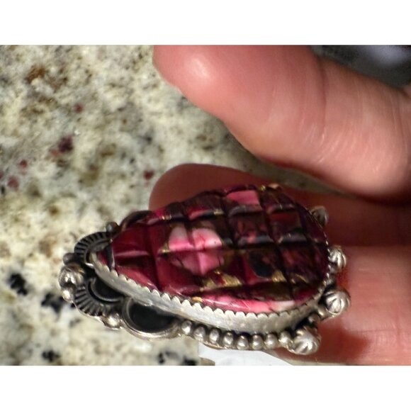 Artisan Rose Dahlia Southwest Mosaic Carved Adj Sterling Silver Statement Ring - Picture 4 of 10